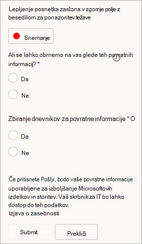 Posnetek zaslona, ki prikazuje možnost za omogočanje stikov in pošiljanje dnevnikov pri pošiljanju povratnih informacij