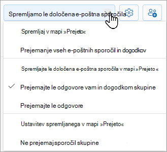 Na spustnem seznamu bodo prikazane možnosti spremljanja: spremljajte v mapi »Prejeto«, sledite samo določenim e-poštnim sporočilom v mapi »Prejeto« ali prenehajte spremljati v mapi »Prejeto«.