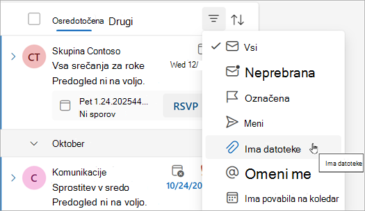 Izberite ima datoteke, da poiščete vsa sporočila s prilogami.