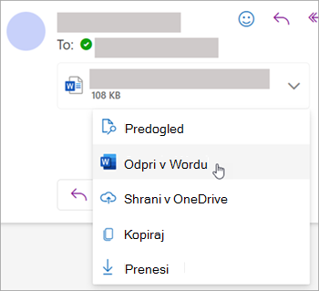 Posnetek zaslona, ki prikazuje spustni meni za odpiranje priloge v Wordu