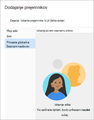 Iščite po seznamih stikov ali v adresarju. Ko najdete stik, ki mu želite poslati e-pošto, izberite znak plus poleg njegovega imena.
