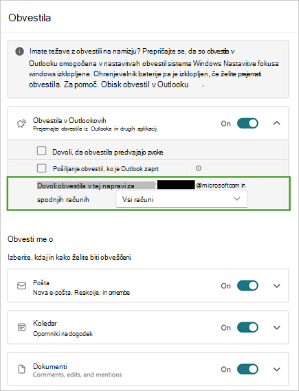 Izberite Razširi, če si želite ogledati več možnosti za obvestila