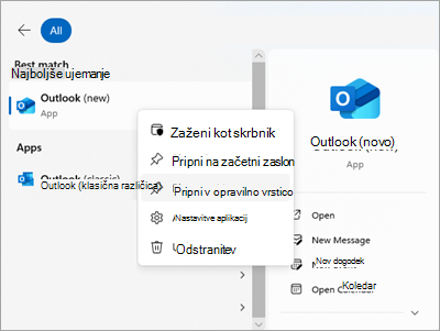 Posnetek zaslona, na katerem je prikazan Outlook v začetnem meniju z možnostjo pripni v opravilno vrstico