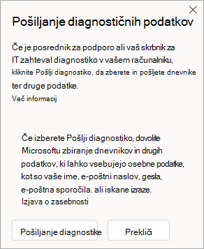 Posnetek zaslona okna, ki prikazuje, kako poslati diagnostične podatke med pogovorom s agentom