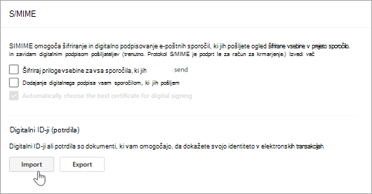 Screenshot showing S/MIME page in Setting and Import in the Digital IDs sections