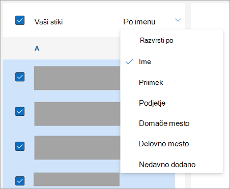 Posnetek zaslona možnosti razvrščanja stikov