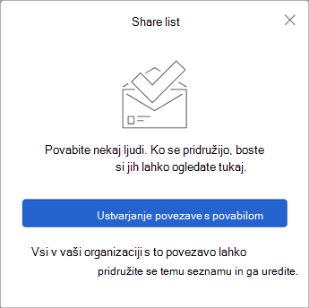 Ko izberete »Daj seznam v skupno rabo«, funkcija Opravila ustvari povezavo s povabilom, ki jo pošlje drugim.