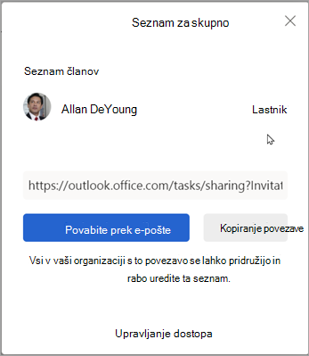 Če želite seznam dati v skupno rabo z drugimi, lahko izberete možnost »Povabi po e-pošti« ali »Kopiraj povezavo«.