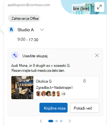 Posnetek zaslona kartice delovne lokacije, ki vključuje gumb za rezervacijo mize za osebni dogodek.