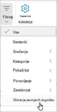 Posnetek zaslona filtra v aplikaciji Calendar, ki prikazuje možnost Skrij zavrnjene dogodke iz spustnega seznama