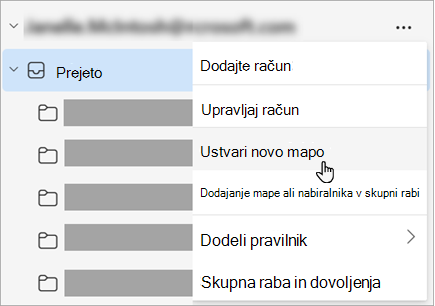 Posnetek zaslona možnosti »Ustvari novo mapo«, izbranega v meniju »Več možnosti« v podoknu mape