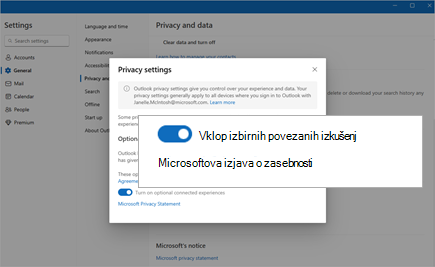 Preklopalo za označevanje posnetka zaslona za vklop izbirnih povezanih izkušenj v nastavitvah