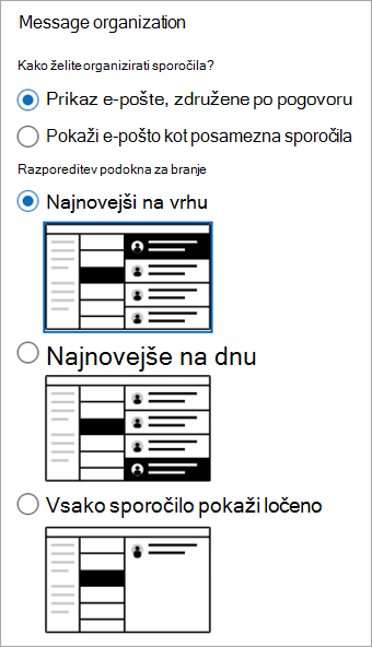 Screenshot of Settings > Mail> Layout section showing Message organization section