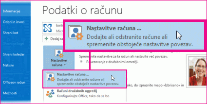 Nastavitve računa v pogledu »Backstage«