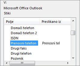 Možnost »Prenosni tel.« je preslikana v Outlookovo polje »Mobilni telefon«