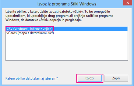 Izberite CSV in nato »Izvozi«.