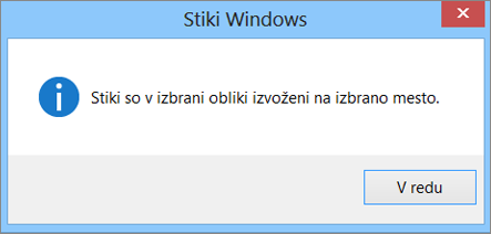 Prikazalo se bo končno sporočilo, da so bili vaši stiki izvoženi v datoteko CSV.