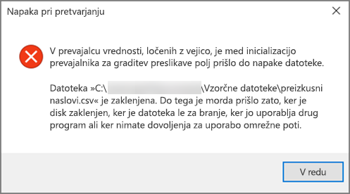 To sporočilo o napaki, ki se prikaže, če vaša .csv datoteka vsebuje slabo oblikovane podatke.