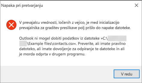 To je sporočilo o napaki, ki se prikaže, ko je datoteka .csv prazna.