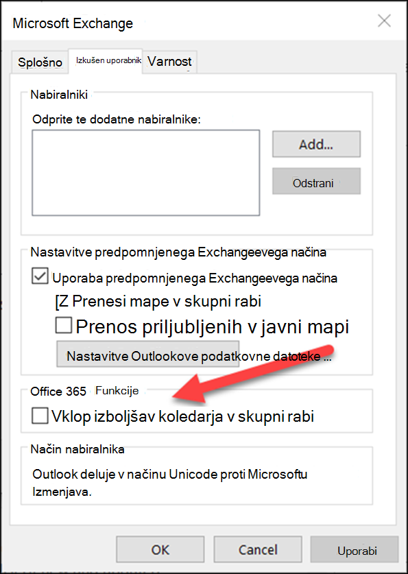 Izboljšave koledarja v skupni rabi lahko vklopite s potrditvenim poljem.