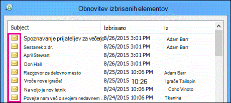 Vse vrste elementov imajo isto ikono v mapi »Obnovljivi elementi«