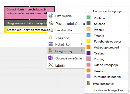 Sestanek lahko kliknete z desno tipko miške in dodelite kategorijo.