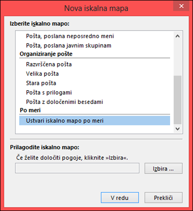 Izberite ustvarjanje iskalne mape po meri