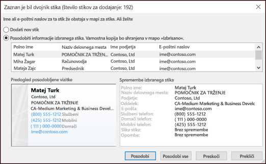 Izberite, kaj želite narediti s podvojenimi stiki.