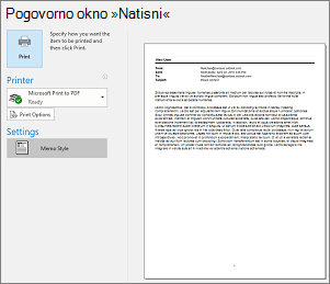 Predogled tiskanja Outlookovega e-poštnega sporočila