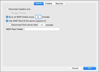 Nastavitve strežnika IMAP za račun za Outlook 2016 Mac