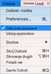 Prikaže izbrano možnost dela brez povezave v Outlookovem meniju