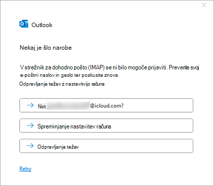 Posnetek zaslona sporočila o napaki »Kaj je šlo narobe« pri dodajanju računa iCloud