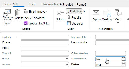 Posnetek zaslona pogleda podrobnosti na kartici stika, s katerim lahko dodate rojstni dan ali obletnico