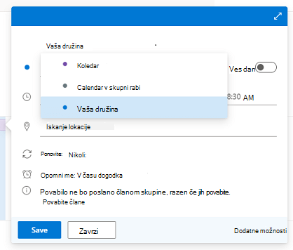 Pogovorno okno Nov dogodek z odprtim seznamom Koledar in izbrano izbrali možnost »Vaša družina«.
