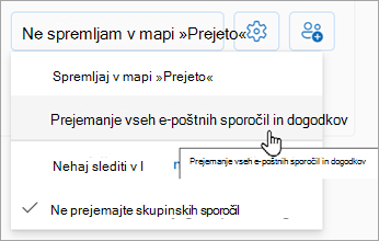 Na spustnem seznamu izberite »Prejmi vso e-pošto in dogodke«