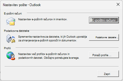 Pogovorno okno »Nastavitev pošte – Outlook«, ki ga odprete prek nastavitev aplikacije Pošta na nadzorna plošča.