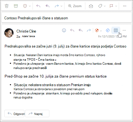 Ikona »Programi« v vrstici dejanja sporočila v Outlooku v spletu in novem Outlooku za Windows.