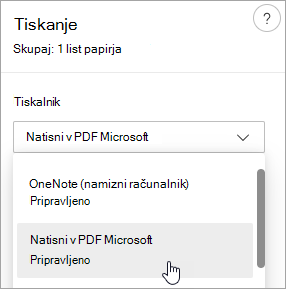 Posnetek zaslona, ki prikazuje izbor možnosti Microsoftovega tiskanja v PDF