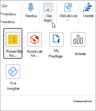 Pojavni meni »Vse aplikacije« v Outlooku za Windows.