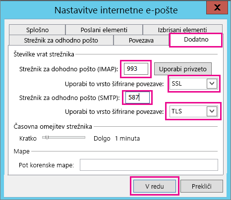 Vnesite dodatne nastavitve e-pošte.