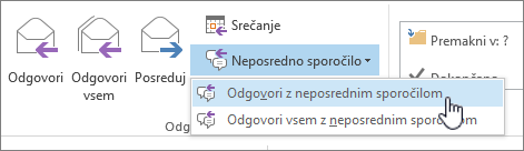Skupina »Odgovori« z odprtim spustnim seznamom neposrednega sporočanja in označeno možnostjo »Odgovori z neposrednim sporočilom«