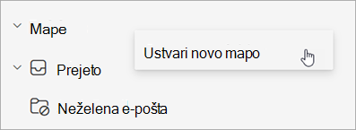 Posnetek zaslona možnosti »Ustvari novo mapo«, izbranega v meniju »Več možnosti« v podoknu mape