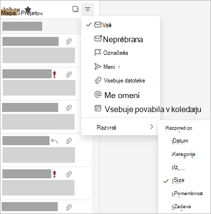 Posnetek zaslona menija »Filter« z izbrano možnostjo »Razvrsti po«