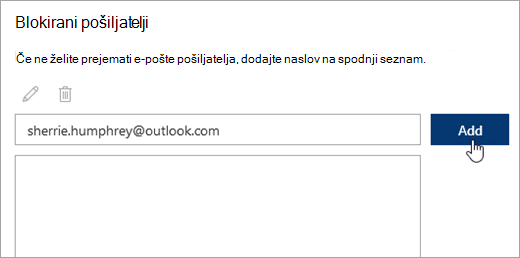 Posnetek zaslona polja blokiranih pošiljateljev