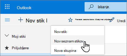 Posnetek zaslona menija »Nov stik« z izbrano možnostjo »Nov seznam stikov«