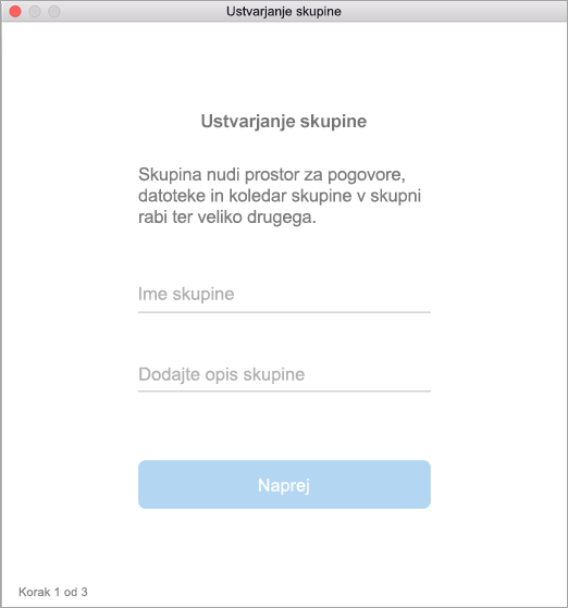 Prikaz uporabniškega vmesnika za ustvarjanje skupine v računalniku Mac