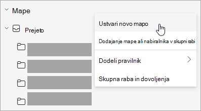 Posnetek zaslona možnosti »Ustvari novo mapo«, izbranega v meniju »Več možnosti« v podoknu mape