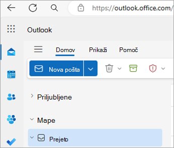 Posnetek zaslona, ki prikazuje Outlook v spletu domači strani
