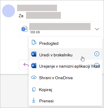 Posnetek zaslona, ki prikazuje spustni meni priloge z izbrano možnostjo Uredi v brskalniku
