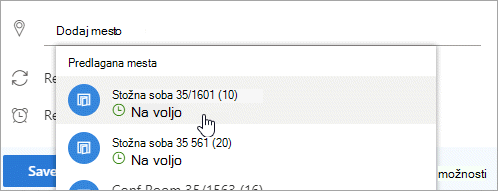 Posnetek zaslona menija predlaganih mest